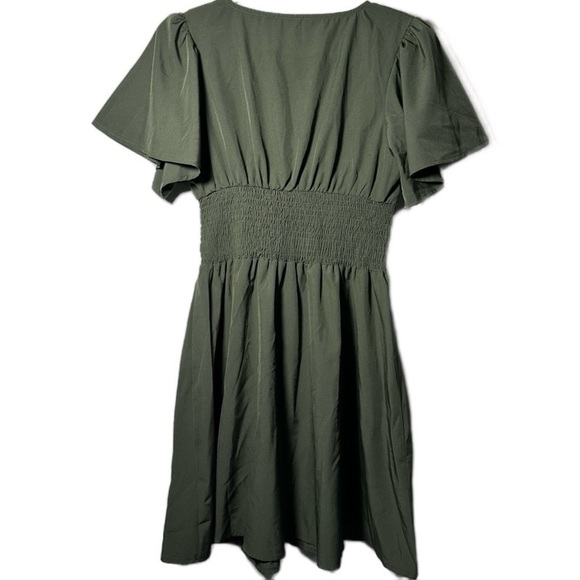 Olive Army Green V-Neck Flutter‎ Sleeve Ruched Waist A-Line Mini Dress small - Picture 3 of 15